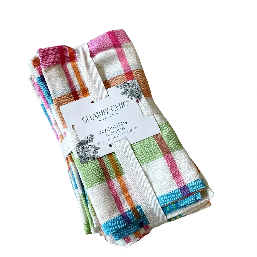 SHABBY CHIC Plaid Cotton Dinner Napkins 18x18 Set of 8 Pop of Color NEW